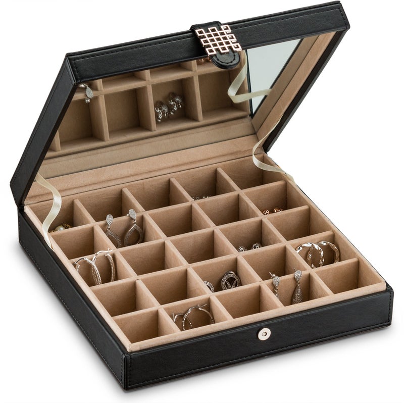 Glenor Co Earring Organizer - Classic 25 Section Jewelry Box/Case/Holder for Earrings, Rings, Necklaces, Jewelry, Cufflinks or Collections. 25 Small Compartments with Elegant Large Mirror - Black - Image 1